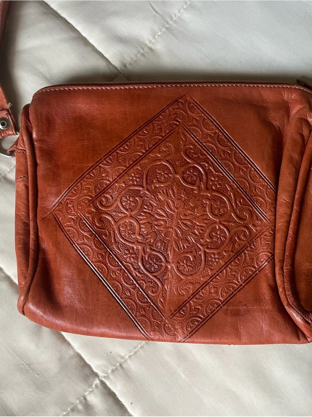 Genuine Leather|| Made in Morrocco|| Embossed Leather Crossbody Bag in Rust